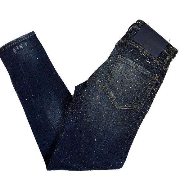 Avenue George V Paris Mens Jeans 32x30 Gold Rhinestone Distressed Denim Designer